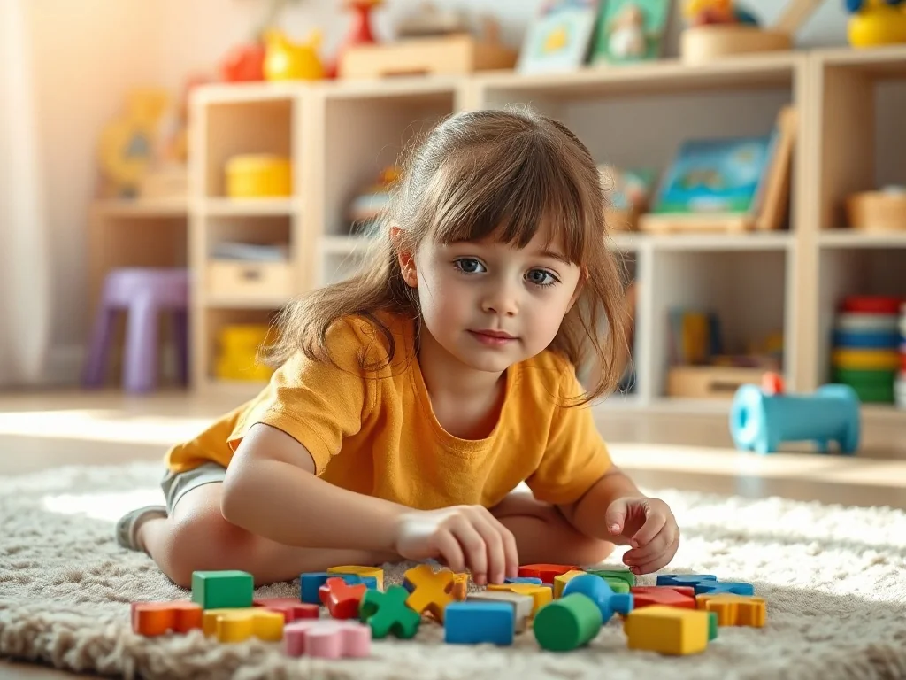 Pięcioletnia dziewczynka siedzi na dywanie w przytulnym pokoju i układa kolorowe drewniane puzzle.