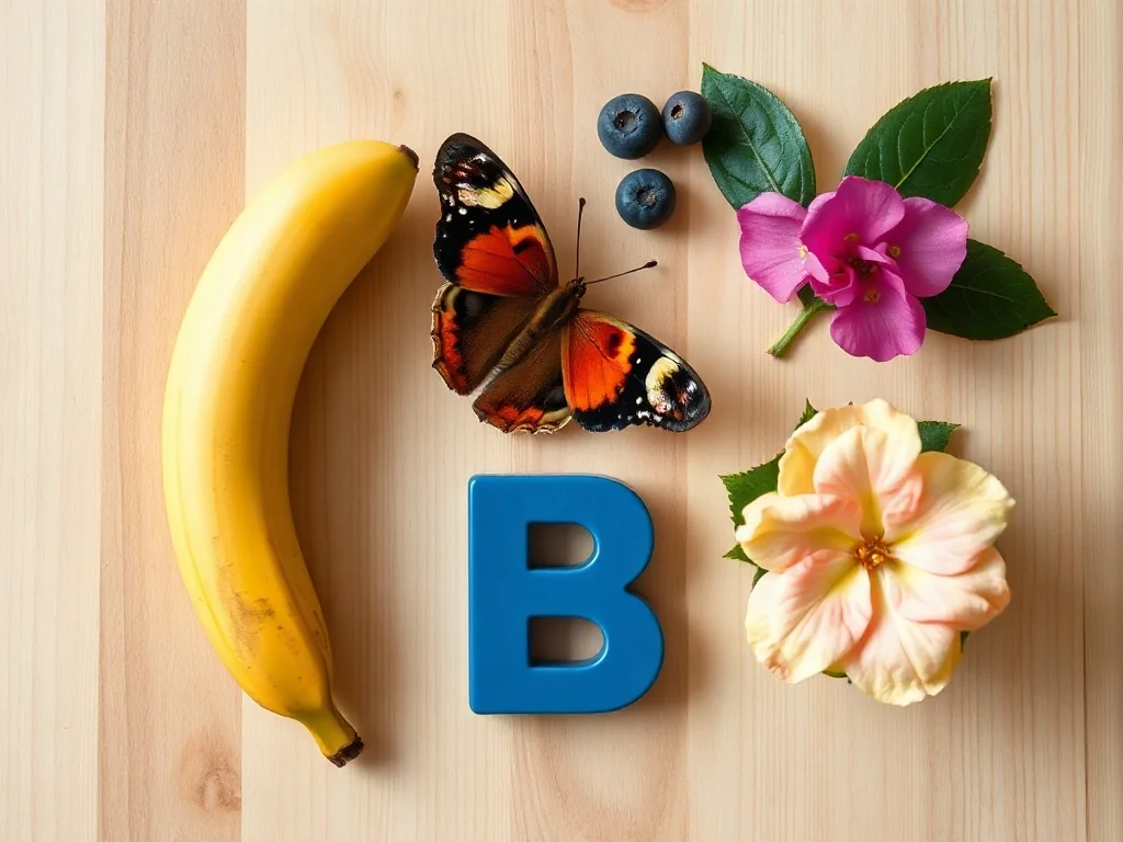 Kompozycja przedmiotów na literę „B”: banan, motyl, begonia i jagoda na drewnianym tle.