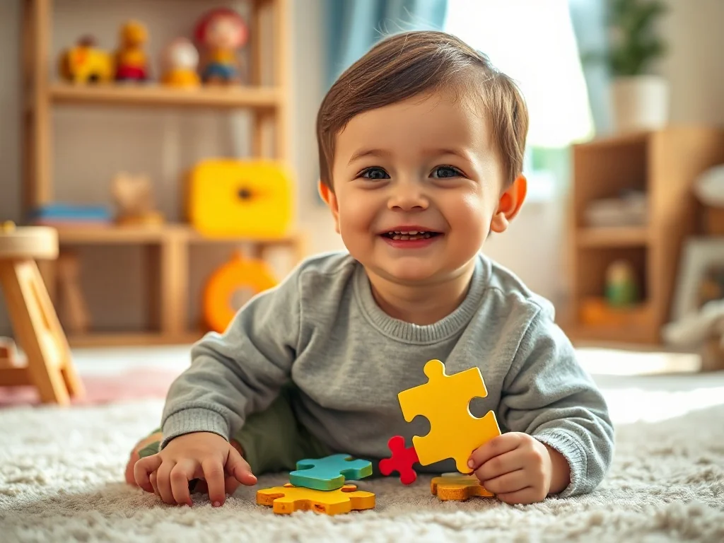 Czteroletnie dziecko układa kolorowe puzzle w przytulnym pokoju zabaw, rozwijając swoje umiejętności poprzez zabawę.