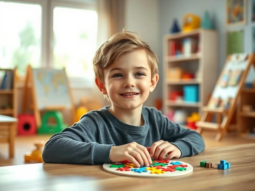 7-letni chłopiec zamyślony nad układaniem kolorowych puzzli przy drewnianym stole w przytulnym pokoju zabaw.