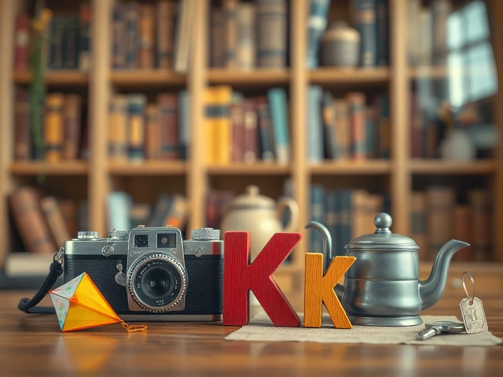 Przedmioty na literę „k” – aparat, latawiec, czajnik i klucz – starannie ułożone na drewnianym biurku w przytulnym wnętrzu.