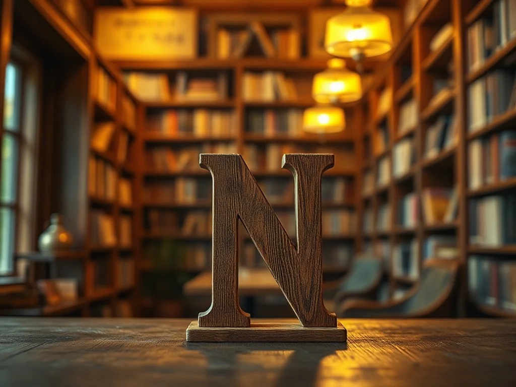 Elegancka, drewniana litera „N” na rustykalnym stole w tle przytulnej biblioteki.